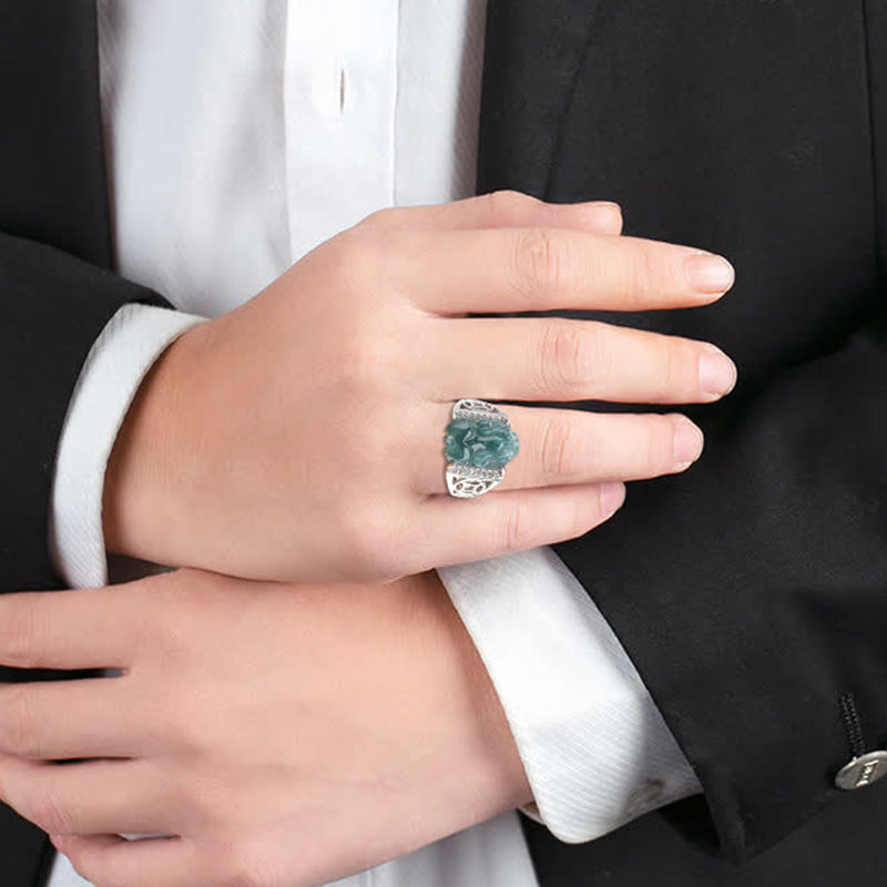 Sterling Silver Jade Pixiu Ring for Wealth & Luck