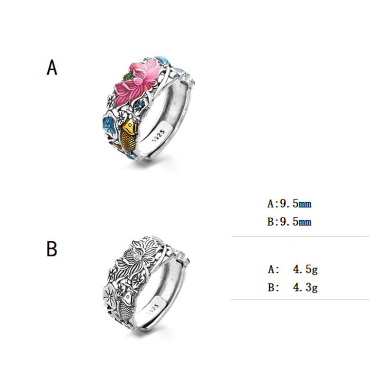 Adjustable Sterling Silver Koi Fish Lotus Prosperity Ring