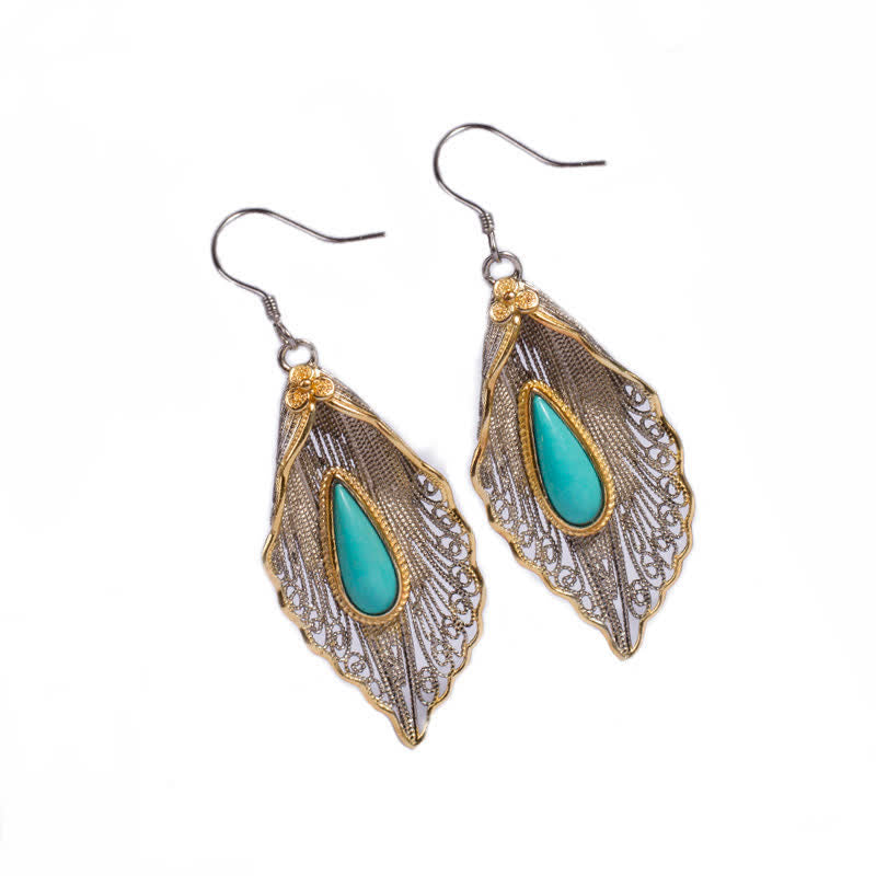 925 Sterling Silver Turquoise Bodhi Leaf Protection Drop Earrings
