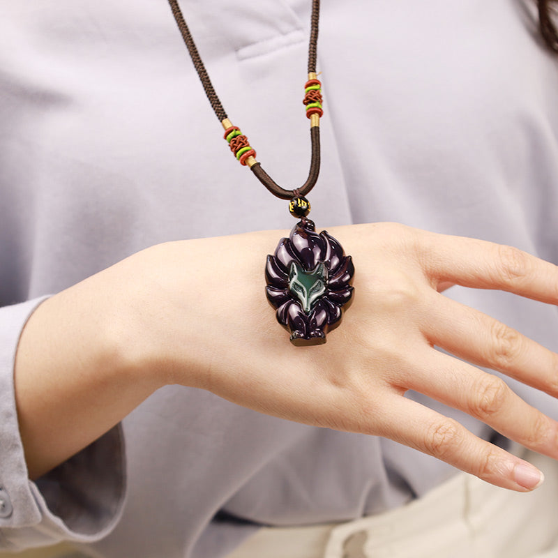 Natural Rainbow Obsidian Nine Tailed Fox Pendant