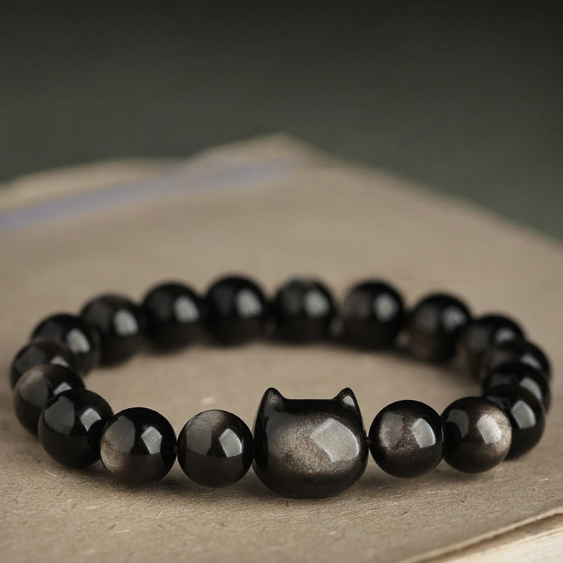 Gold Sheen Obsidian Bracelet with Lucky Cat Paw Charm for Protection