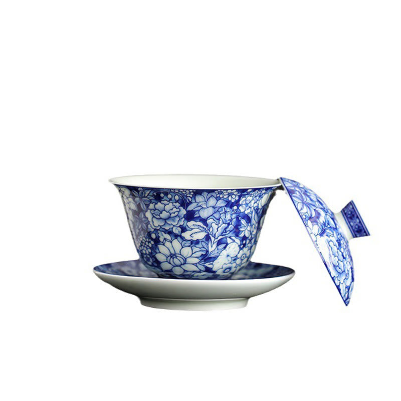 Vintage Blue White Porcelain Gaiwan Tea Cup Set 150ml Meditation
