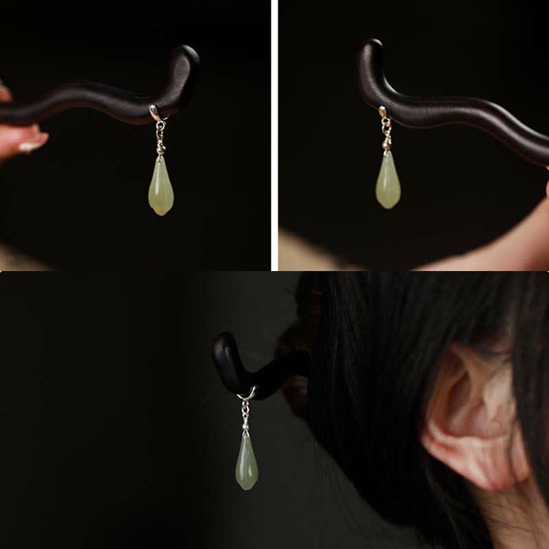 925 Sterling Silver Hetian Jade Ebony Wood Chinese Hairpin for Luck & Calm