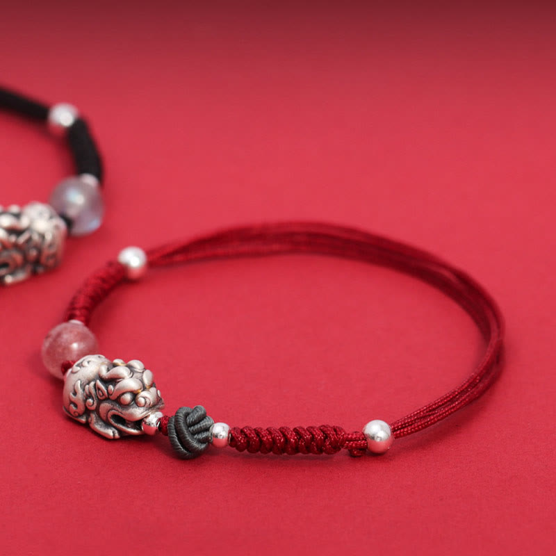 999 Sterling Silver PiXiu Strawberry Quartz Rose Quartz Bracelet for Wealth