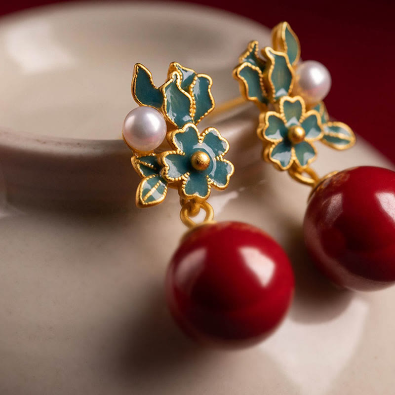 925 Sterling Silver Gold Cinnabar Pearl Blessing Necklace Set