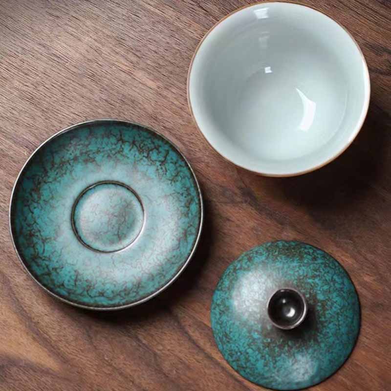 Traditional Pine Tree Green Ceramic Gaiwan Teacup | 150ml | Zen Decor