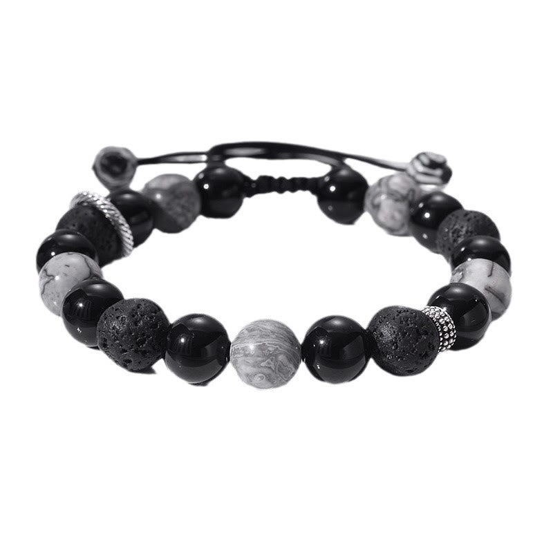 Vintage Lava Rock Black Obsidian Picasso Jasper Bracelet for Grounding