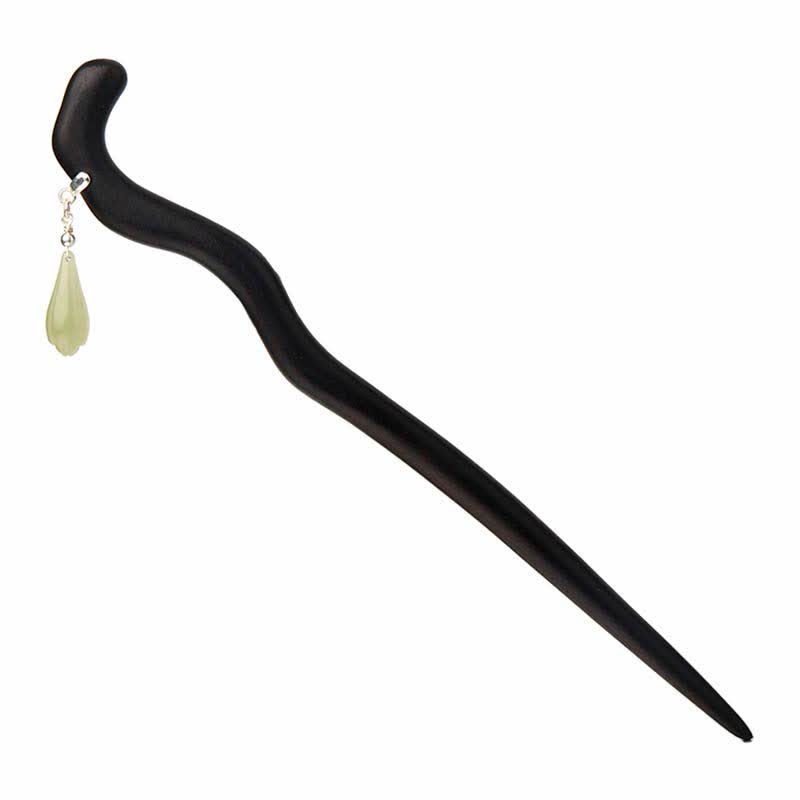 925 Sterling Silver Hetian Jade Ebony Wood Chinese Hairpin for Luck & Calm