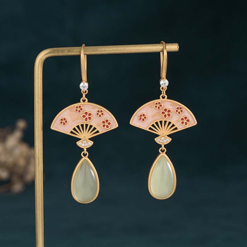 Green Aventurine Luck Drop Earrings | Fan Pattern Design
