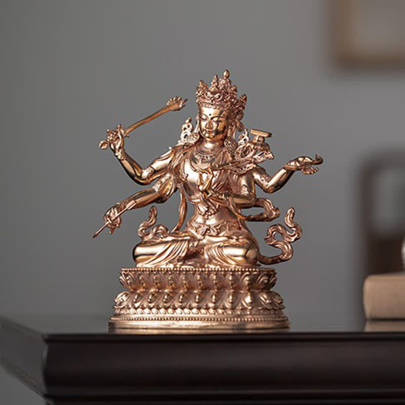 Four-Armed Manjusri Copper Buddha Statue 10cm Meditation