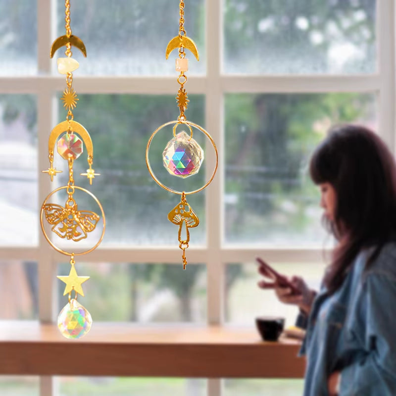 Crystals Sun Catcher Hanging Tree Wind Chime Rainbow Prism Moon Catcher Outdoor Window Curtains Pendant Art Garden Decoration