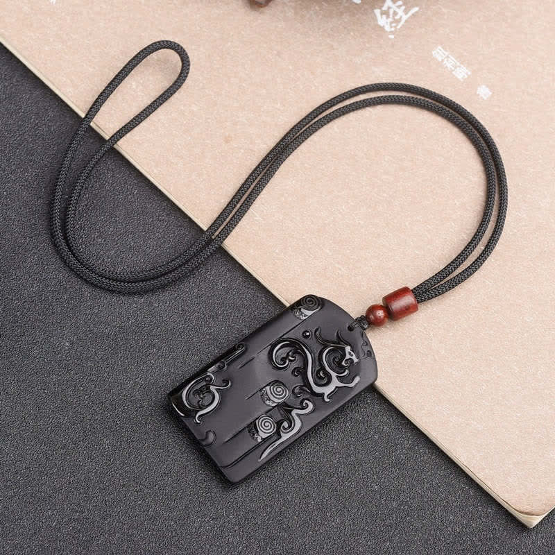 Black Obsidian Dragon Phoenix Necklace for Success & Protection