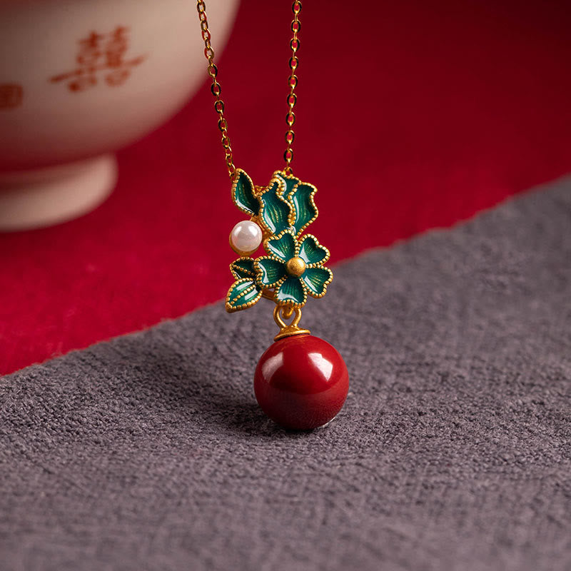 925 Sterling Silver Gold Cinnabar Pearl Blessing Necklace Set