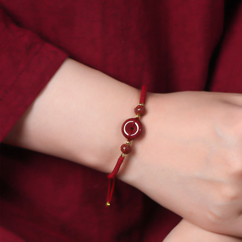 Handmade Cinnabar Peace Buckle Braided Bracelet for Calmness