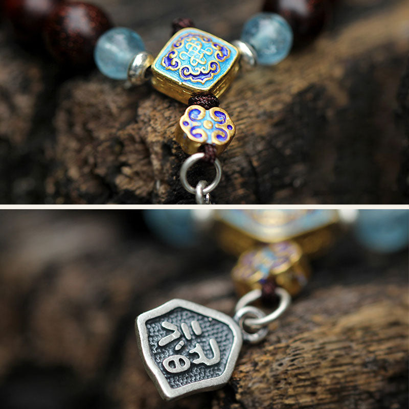 Aquamarine Bracelet with Red Sandalwood & 925 Silver Blessings