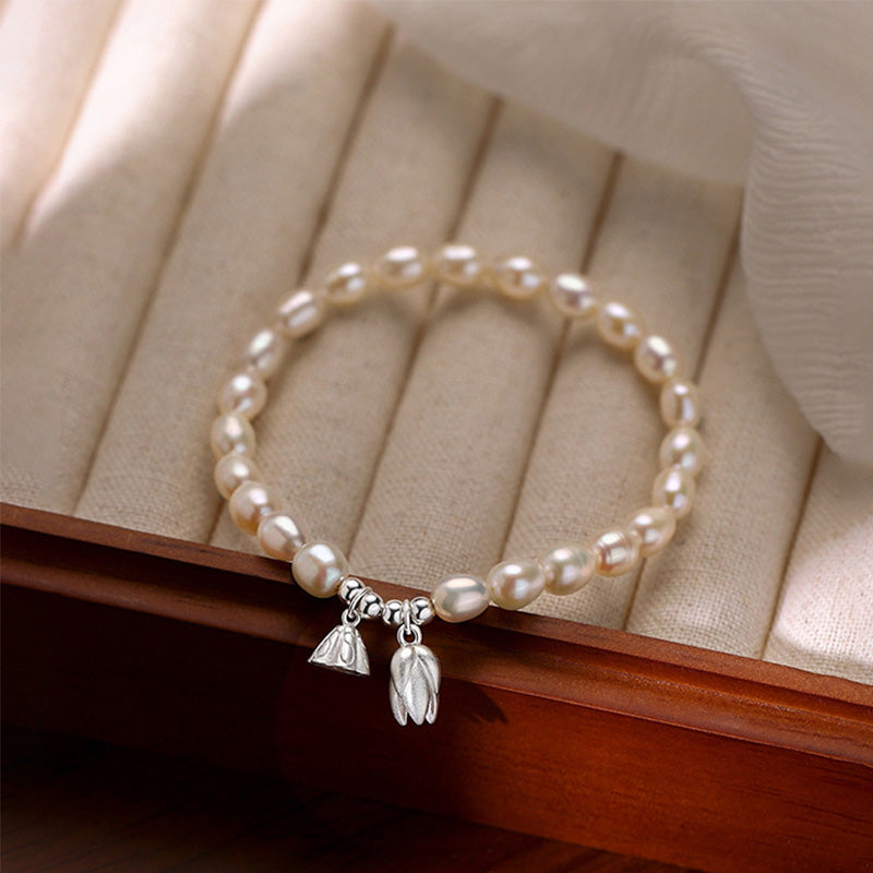 999 Sterling Silver Lotus Pearl Healing Bracelet 14-16cm