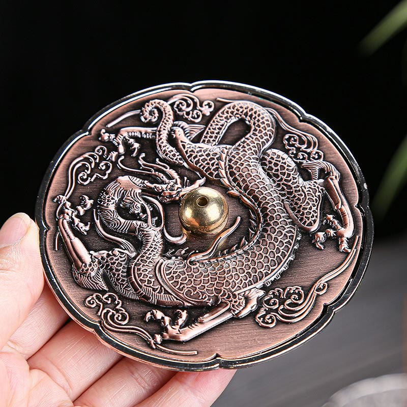 Round Dragon Incense Burner 9.2cm Copper Alloy Meditation Decor