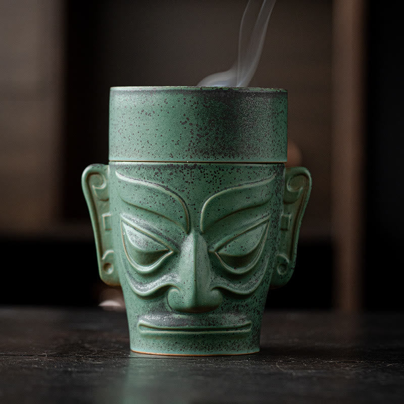 Sanxingdui Ceramic Incense Burner Inspired by Bronze Age Mask Meditation