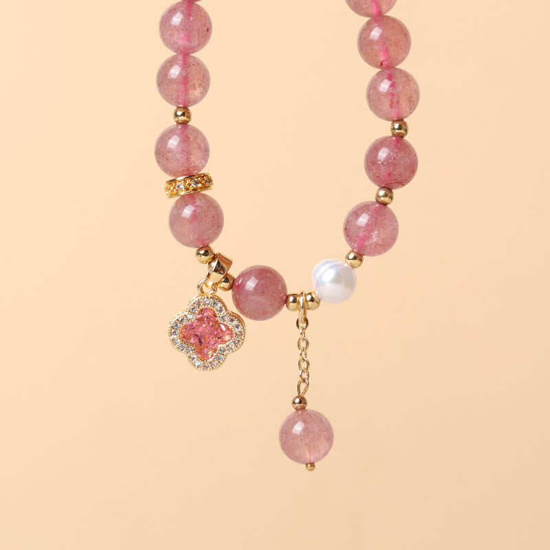 Strawberry Quartz Healing Bracelet with Pearl Clover Charm