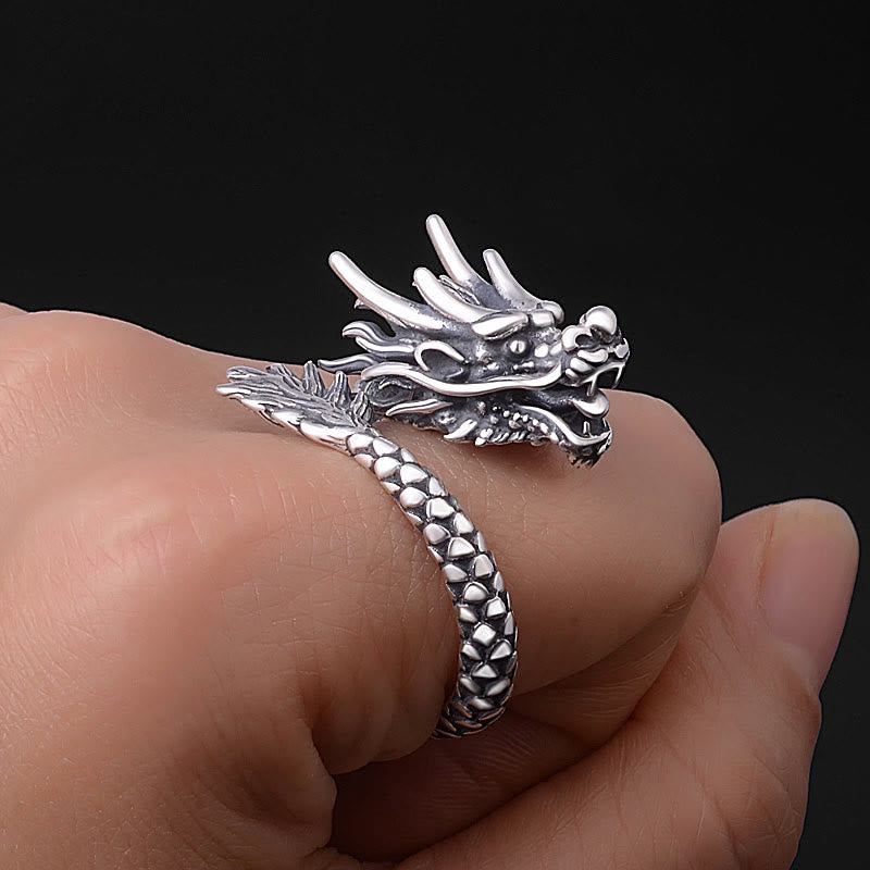 Adjustable 990 Silver Dragon Ring Luck Protection Strength