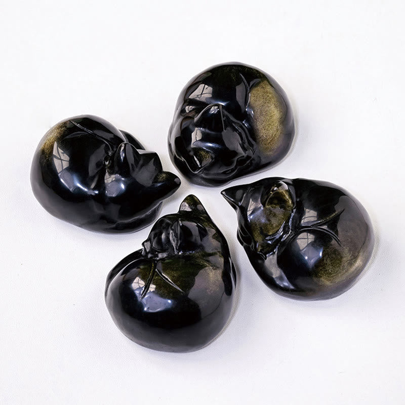 6 cm Goldglanz-Obsidian-Statue mit schlafender Katze, spirituelles Dekor