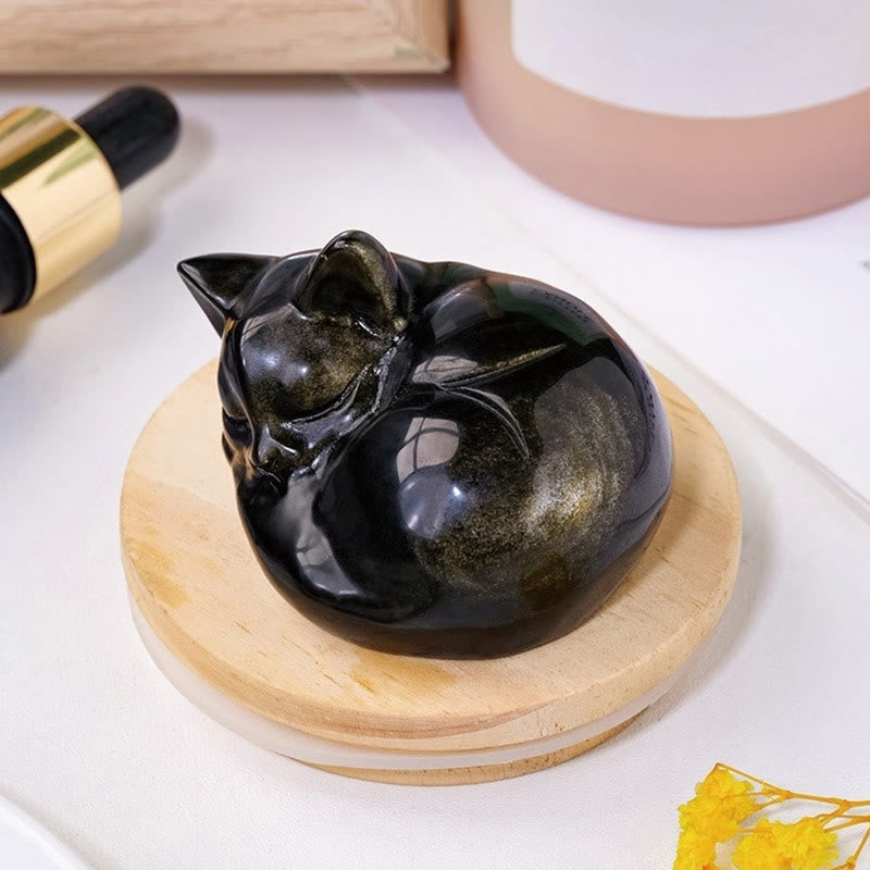 6 cm Goldglanz-Obsidian-Statue mit schlafender Katze, spirituelles Dekor