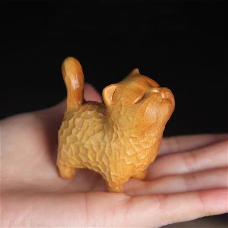 6 cm große Katzenfigur aus Thuja Sutchuenensis und Buchsbaum für Wohlstand und Erdung