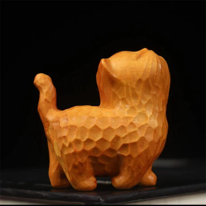 6 cm große Katzenfigur aus Thuja Sutchuenensis und Buchsbaum für Wohlstand und Erdung