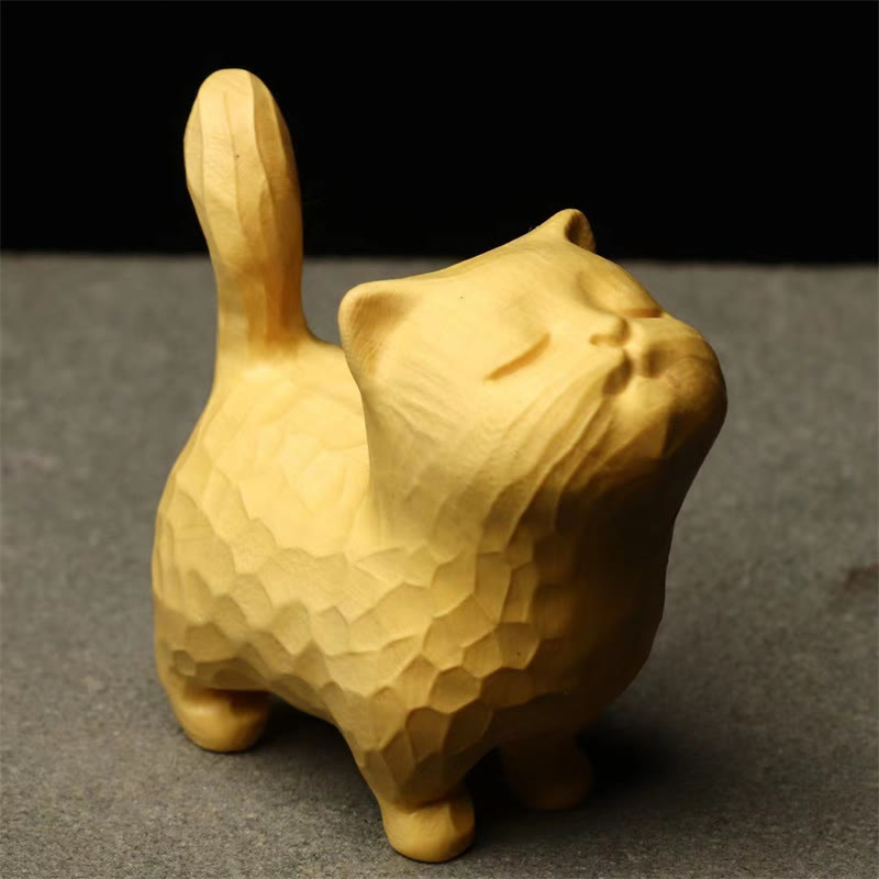 6 cm große Katzenfigur aus Thuja Sutchuenensis und Buchsbaum für Wohlstand und Erdung