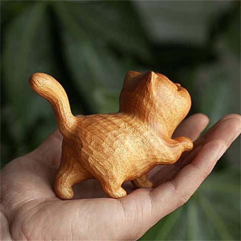 6 cm große Katzenfigur aus Thuja Sutchuenensis und Buchsbaum für Wohlstand und Erdung