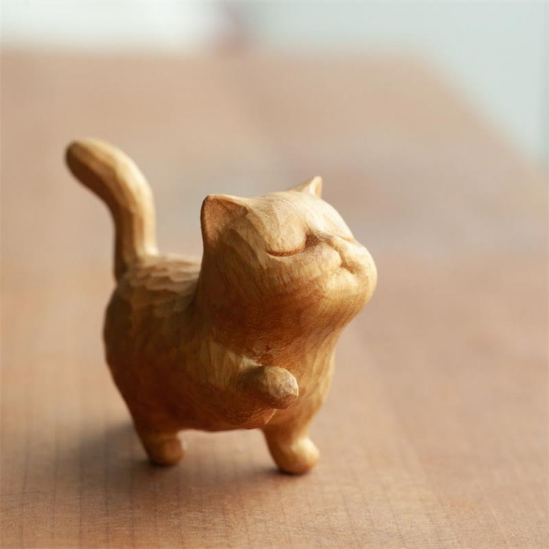 6 cm große Katzenfigur aus Thuja Sutchuenensis und Buchsbaum für Wohlstand und Erdung