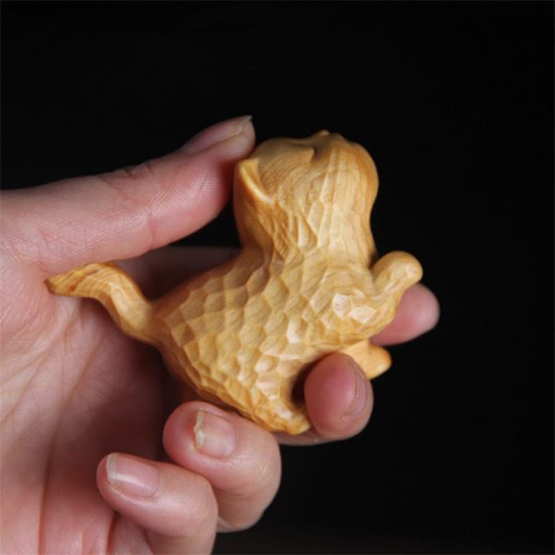 6 cm große Katzenfigur aus Thuja Sutchuenensis und Buchsbaum für Wohlstand und Erdung