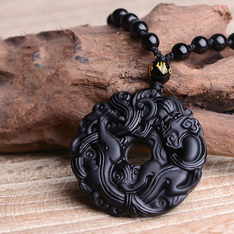 Black Obsidian Peace Buckle Pixiu Protection Necklace