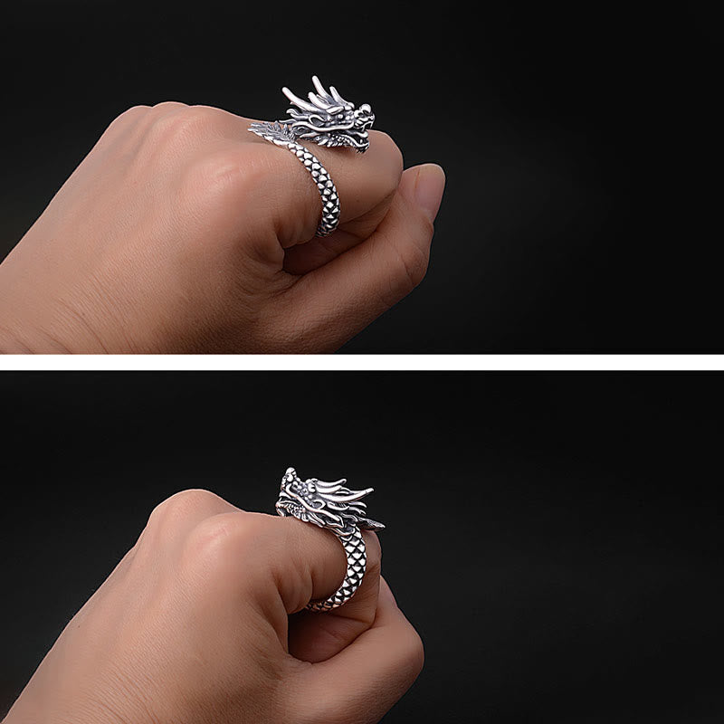 Adjustable 990 Silver Dragon Ring Luck Protection Strength