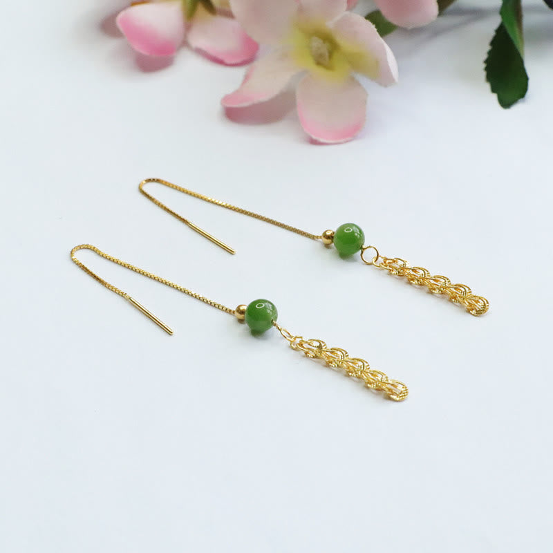 925 Sterling Silver Hetian Cyan Jade Drop Earrings for Luck