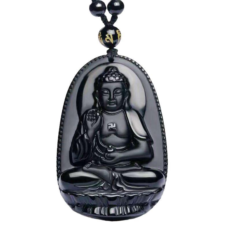 Obsidian Buddha Amulet Necklace with Chinese Zodiac | Protection
