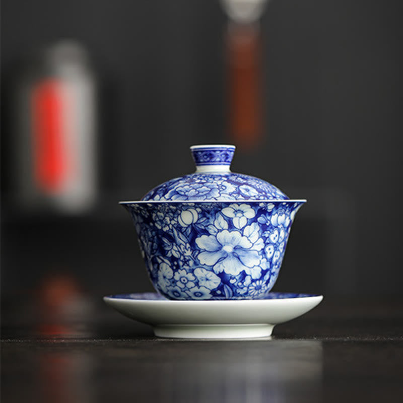 Vintage Blue White Porcelain Gaiwan Tea Cup Set 150ml Meditation