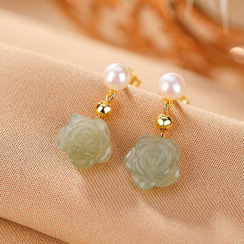 Gold Plated 925 Silver Jade Rose Flower Luck Earrings
