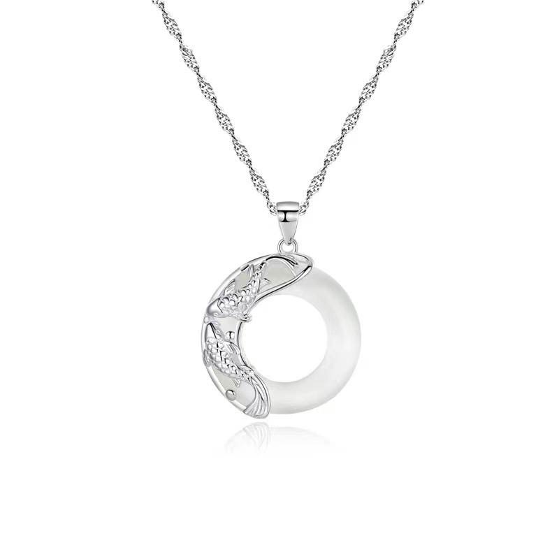 Unisex 40cm White Jade Koi Fish Lucky Necklace