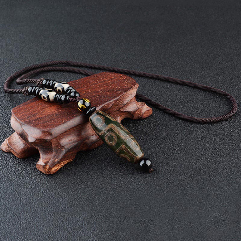 Nine-Eye Dzi Bead Obsidian Necklace 14mm Protection