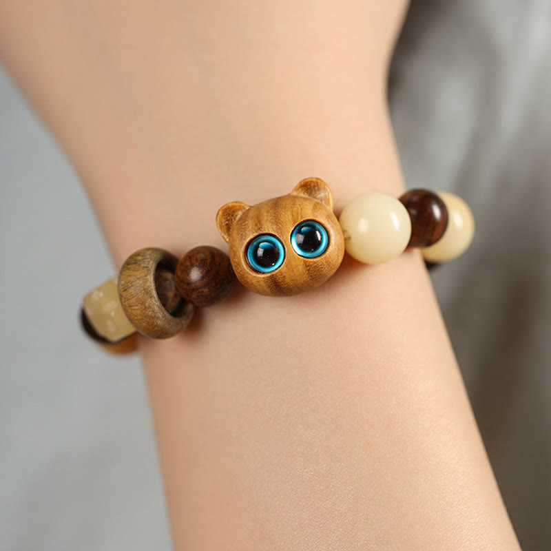 Bodhi Seed Sandalwood Cat Peace Bracelet 14-17cm Unisex