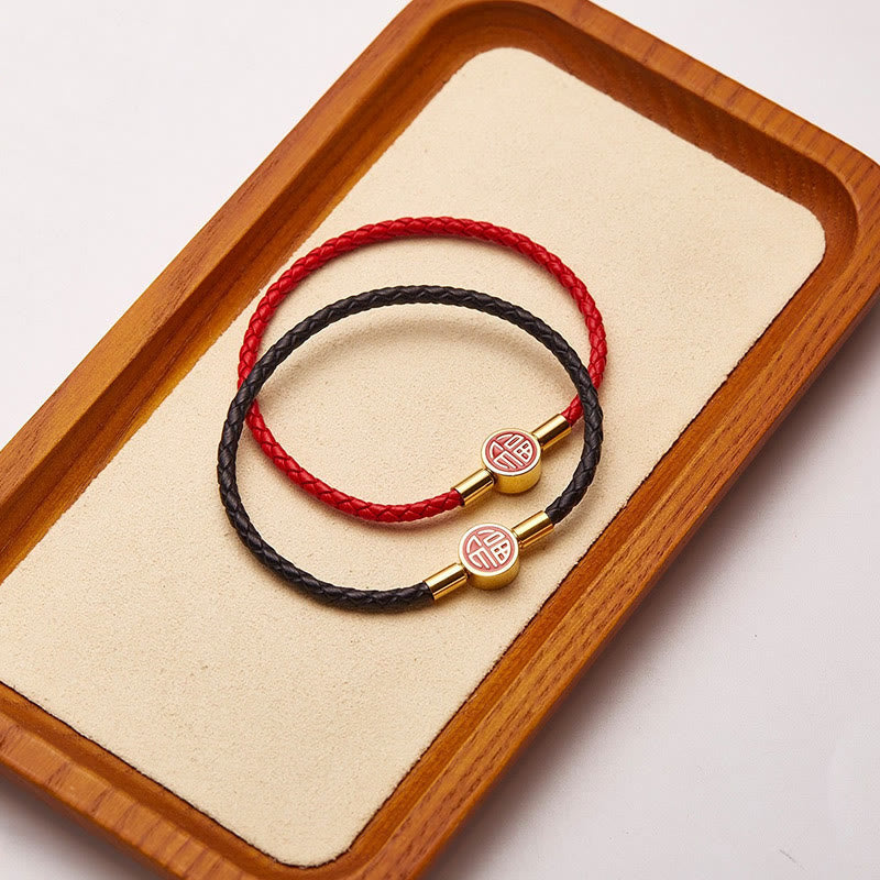 Fu Character Leather Buckle Bracelet for Good Fortune & Blessing