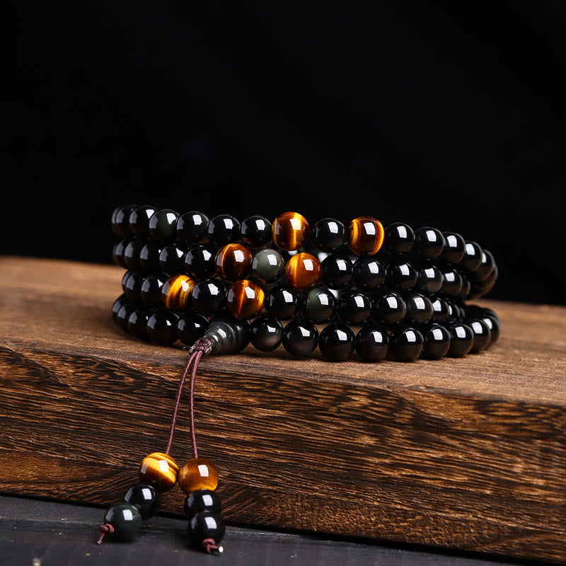 6 mm schwarzes Obsidian-Tigerauge-Mala-Armband mit 108 Perlen