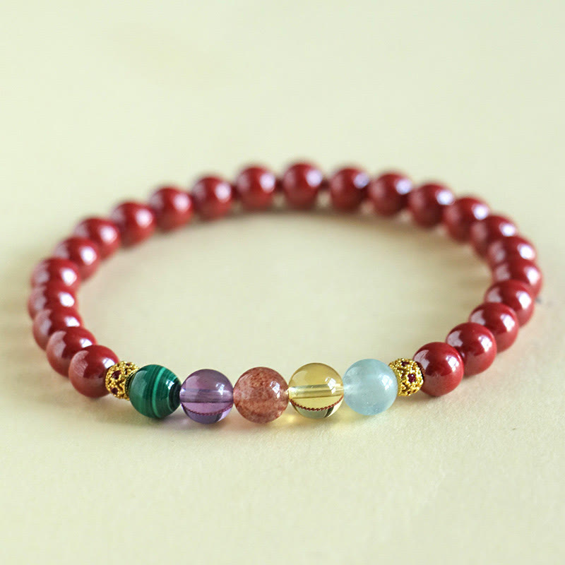 6 mm Zinnober-Segensarmband mit Aquamarin und Amethyst