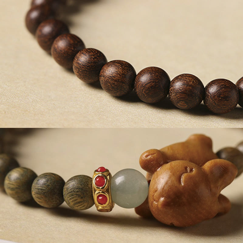 6 mm grünes Sandelholz-Armband mit positivem Kaninchen