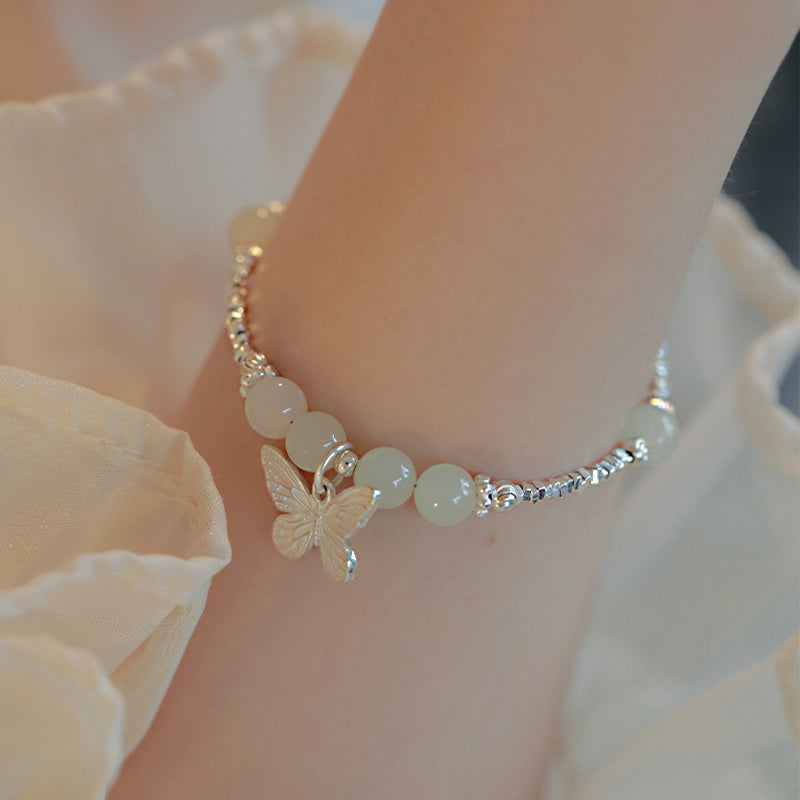 6 mm Hetian Jade Glücksschmetterling Sterling Silber Armband