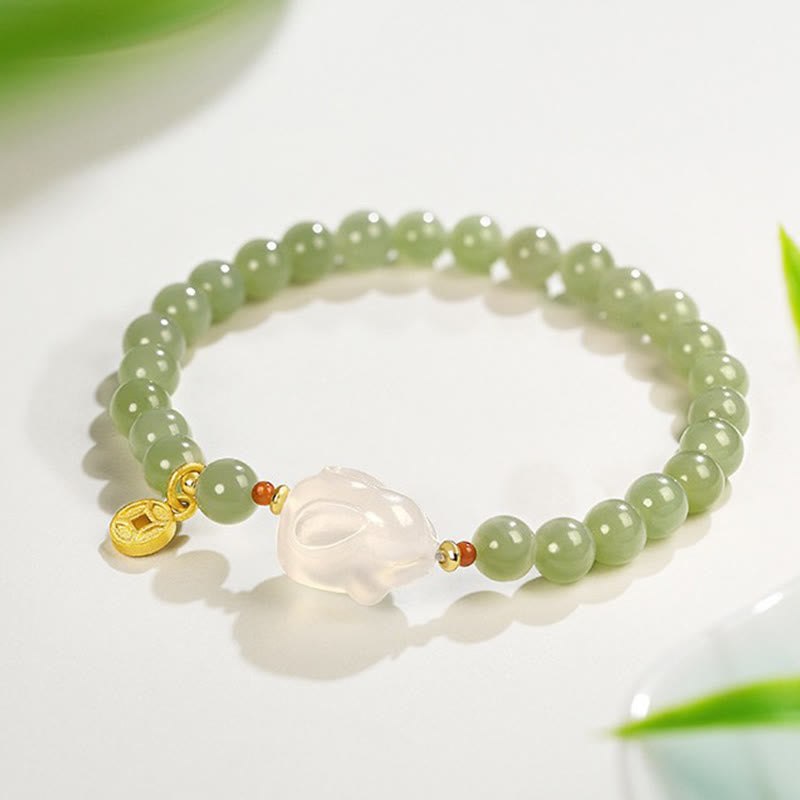 6 mm Hetian Jade-Kaninchen-Kupfermünzenarmband für Glück und Wohlstand