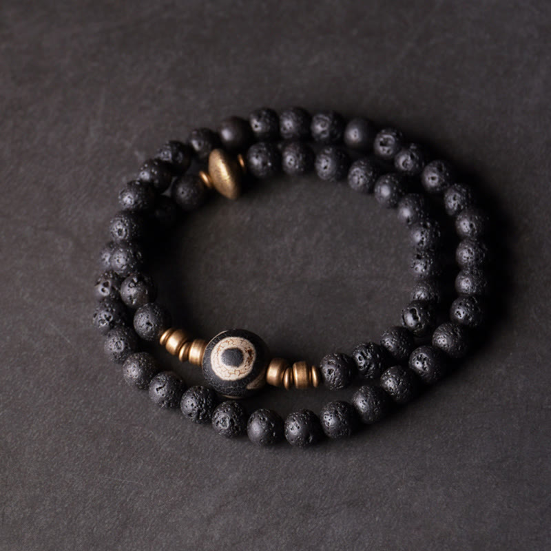 6 mm Lavastein-Armband mit dreiäugigen Dzi-Perlen, doppelt gewickelt