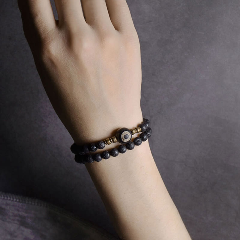 6 mm Lavastein-Armband mit dreiäugigen Dzi-Perlen, doppelt gewickelt