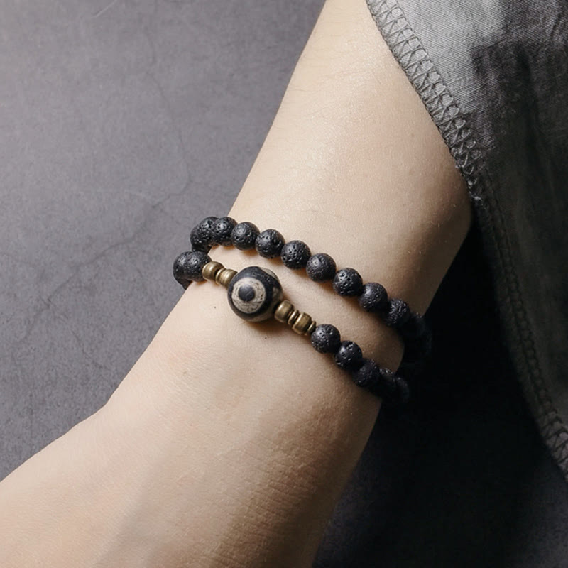 6 mm Lavastein-Armband mit dreiäugigen Dzi-Perlen, doppelt gewickelt